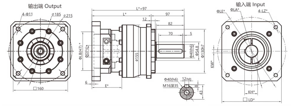 Dimensions of the Planetary Reducer VDX160