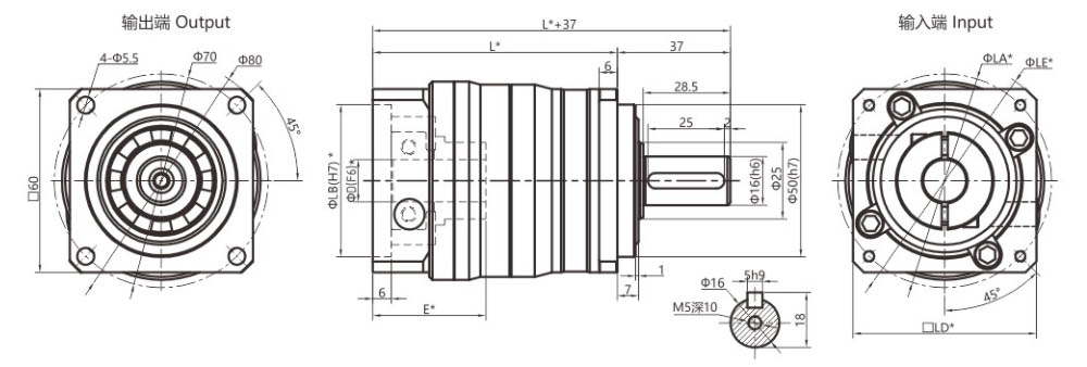 Dimensions of the Planetary Reducer VDX60