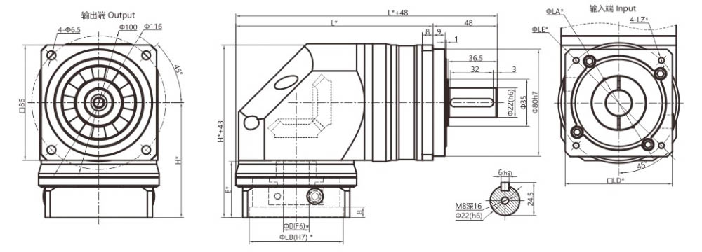 Dimensions of the Planetary Reducer VDXZF90