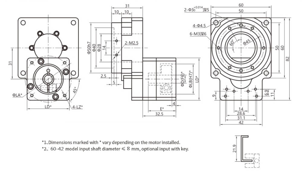 outline dimension drawing of hollow rotary platform VGPT60-42-10