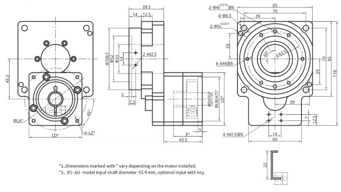 outline dimension drawing of hollow rotary platform VGPT85-60-5