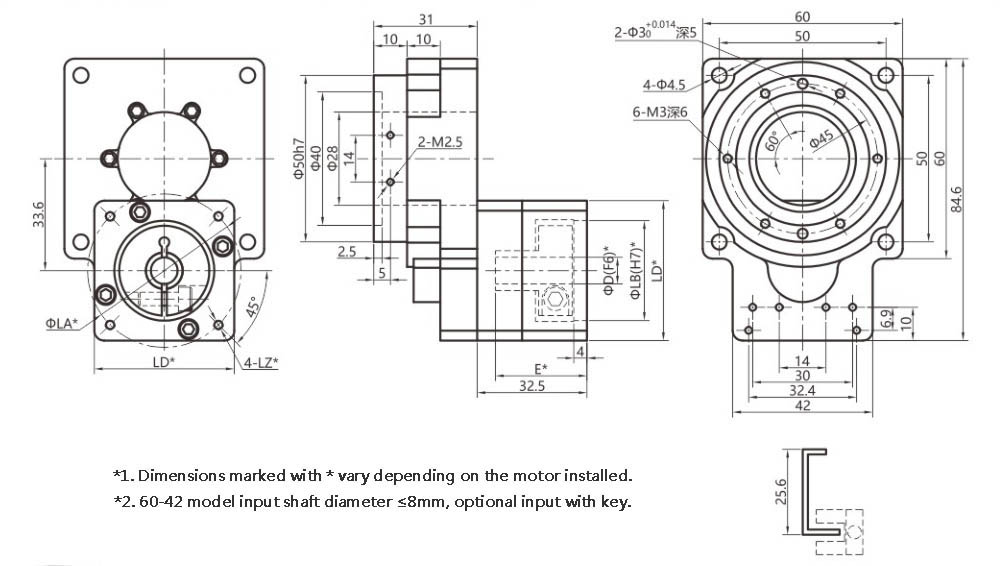 outline dimension drawing of hollow rotary platform VGPT60-42-5